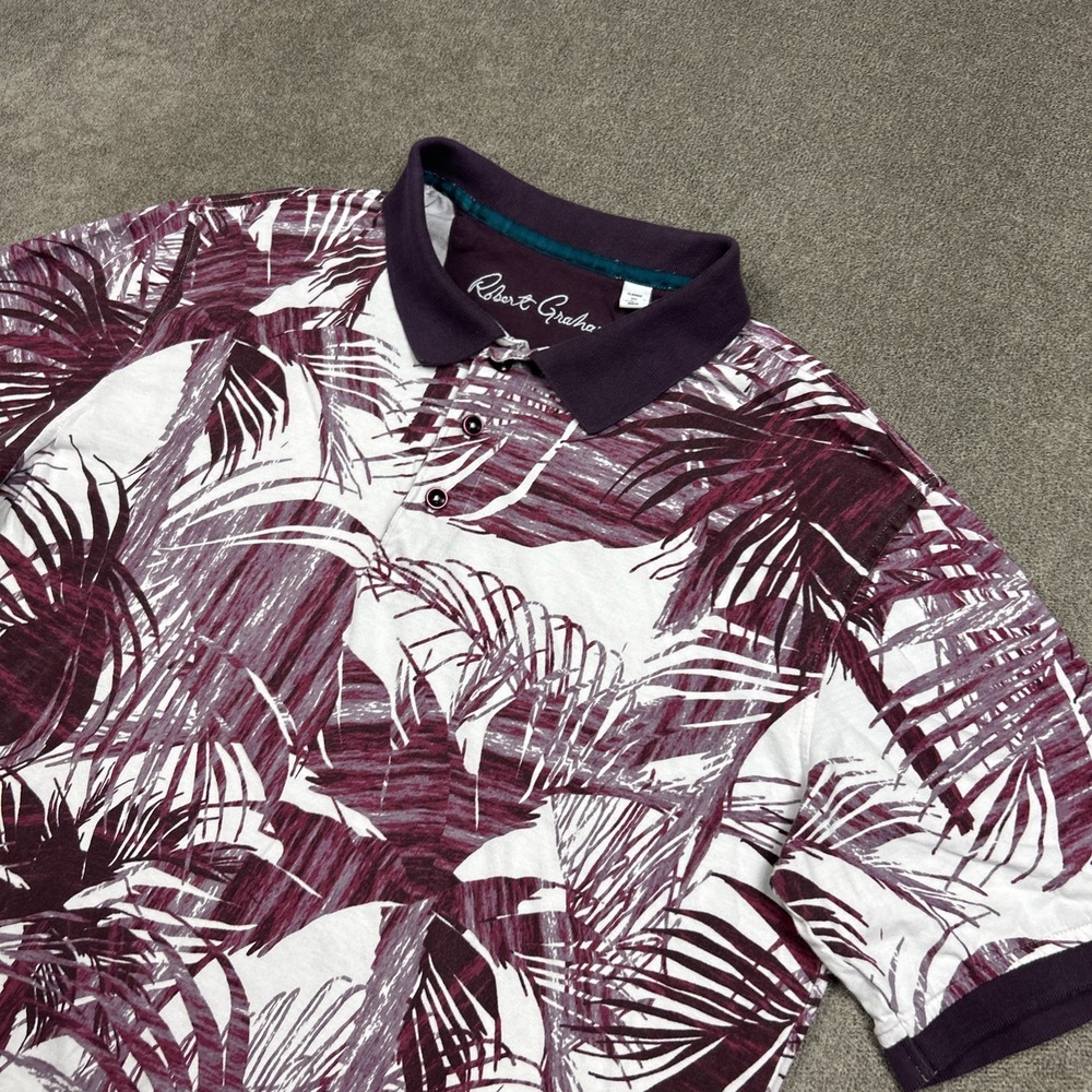 Robert Graham Polo Shirt Mens Large Classic Fit Maroon Palm Leaves Graphic